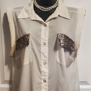 3/$24 - CANDIE'S White/Ivory Sequin Pocket Shirt